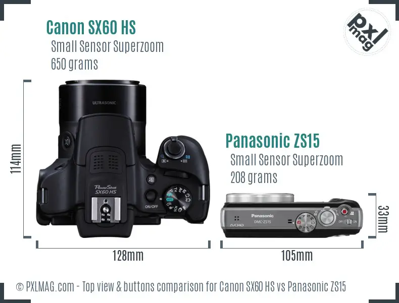 Canon SX60 HS vs Panasonic ZS15 top view buttons comparison Canon SX60 HS vs Panasonic ZS15 top view buttons comparison