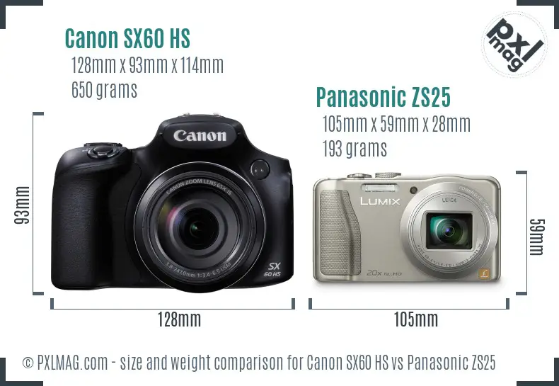 Canon SX60 HS vs Panasonic ZS25 size comparison Canon SX60 HS vs Panasonic ZS25 size comparison