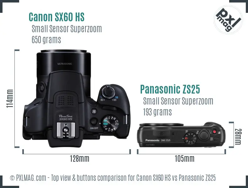 Canon SX60 HS vs Panasonic ZS25 top view buttons comparison Canon SX60 HS vs Panasonic ZS25 top view buttons comparison