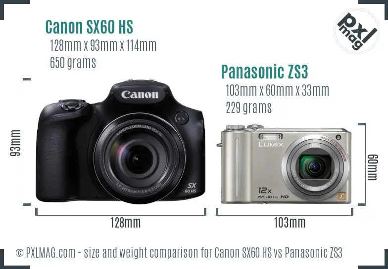 Canon SX60 HS vs Panasonic ZS3 size comparison