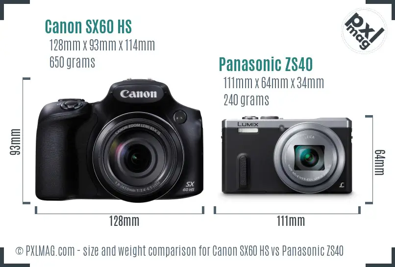 Canon SX60 HS vs Panasonic ZS40 size comparison