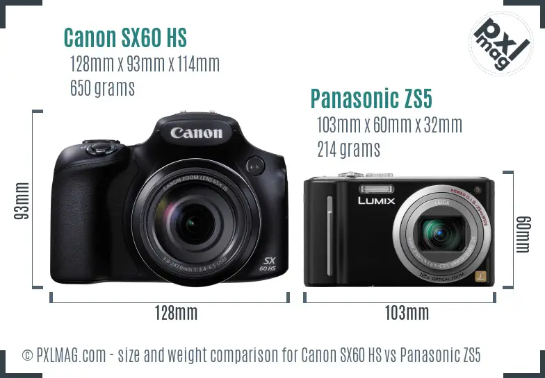 Canon SX60 HS vs Panasonic ZS5 size comparison