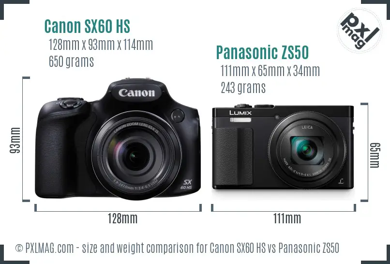 Canon SX60 HS vs Panasonic ZS50 size comparison