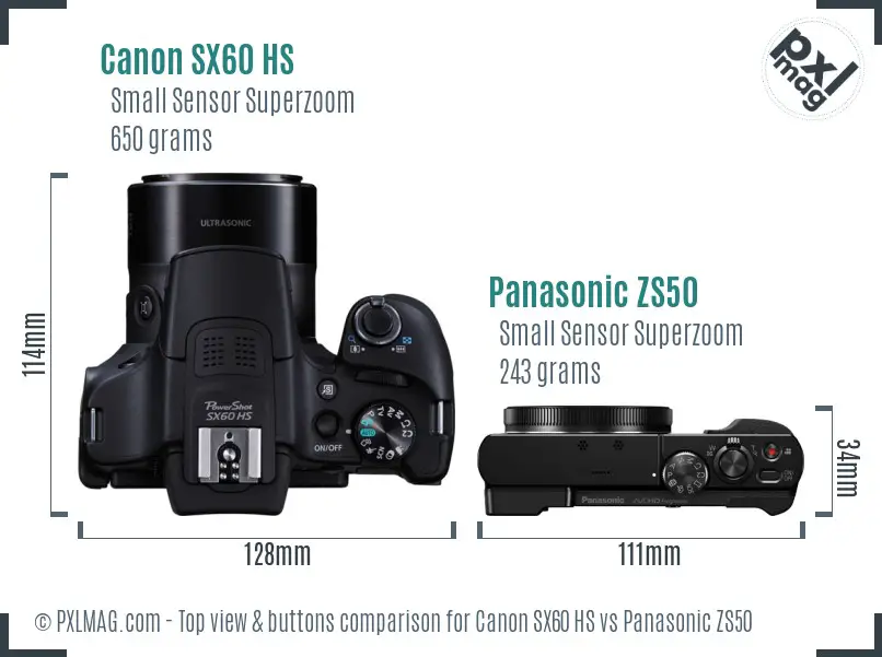 Canon SX60 HS vs Panasonic ZS50 top view buttons comparison