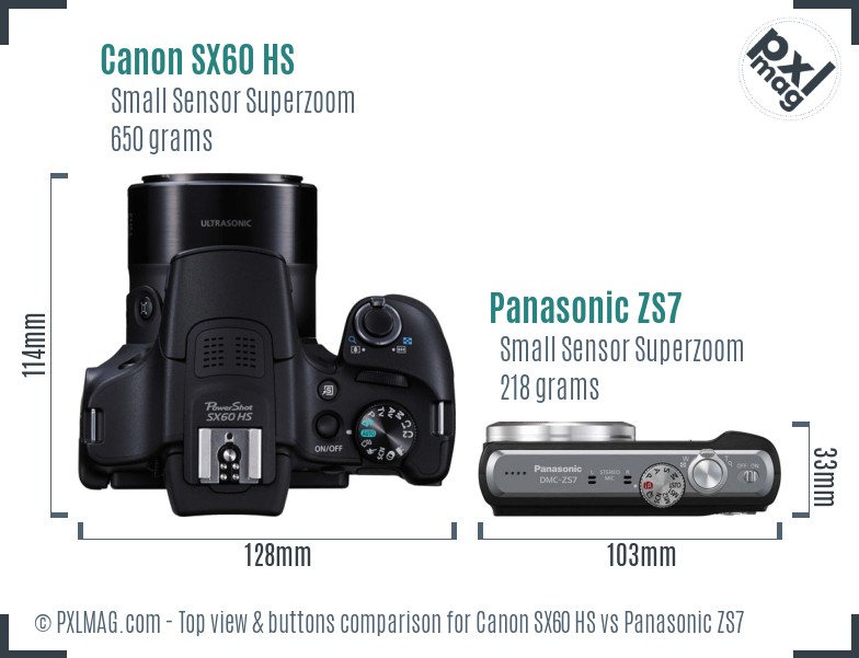 Canon SX60 HS vs Panasonic ZS7 top view buttons comparison