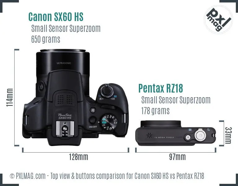 Canon SX60 HS vs Pentax RZ18 top view buttons comparison Canon SX60 HS vs Pentax RZ18 top view buttons comparison