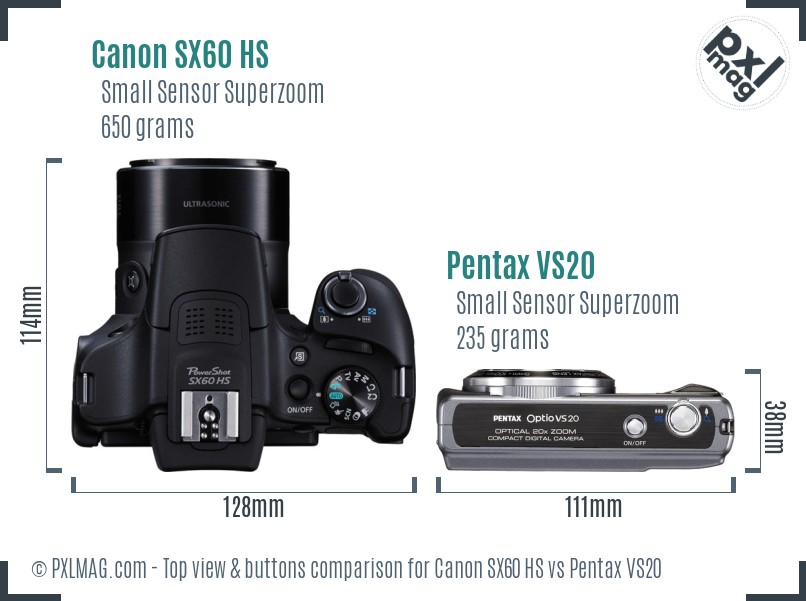 Canon SX60 HS vs Pentax VS20 top view buttons comparison