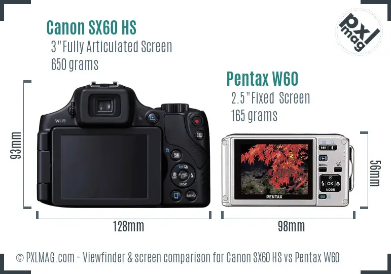 Canon SX60 HS vs Pentax W60 Screen and Viewfinder comparison