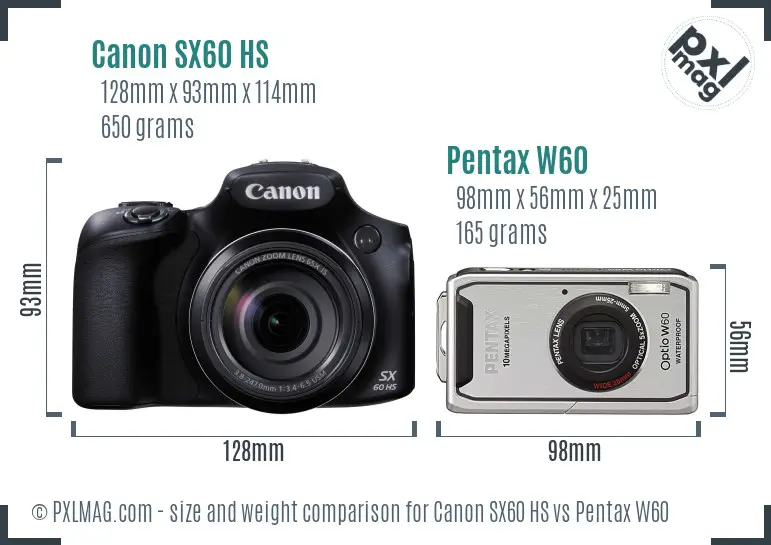 Canon SX60 HS vs Pentax W60 size comparison