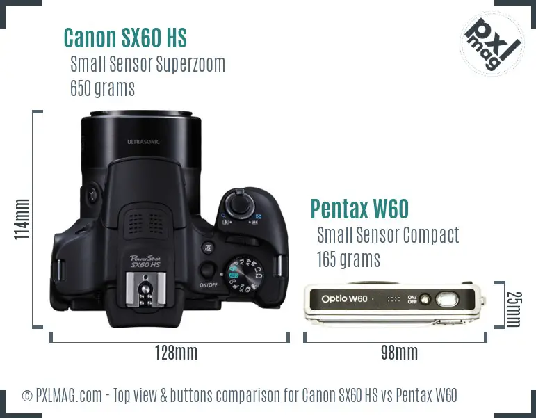 Canon SX60 HS vs Pentax W60 top view buttons comparison