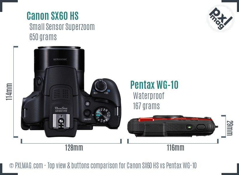 Canon SX60 HS vs Pentax WG-10 top view buttons comparison