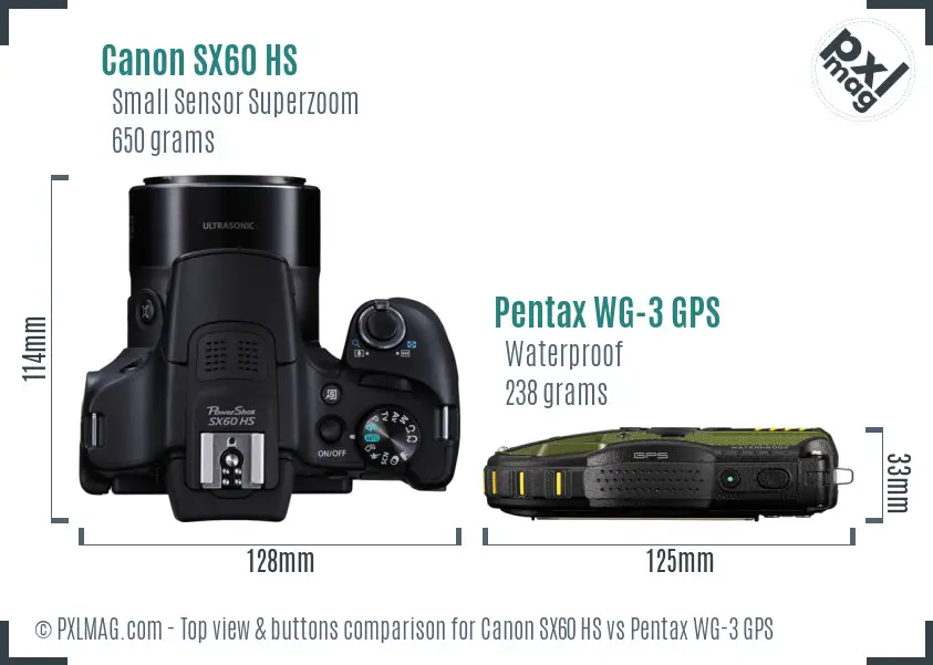Canon SX60 HS vs Pentax WG-3 GPS top view buttons comparison