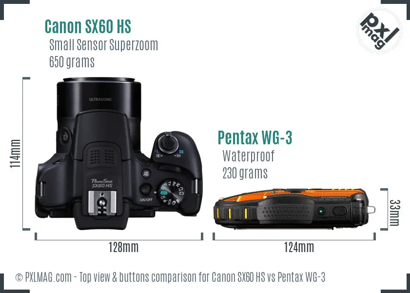 Canon SX60 HS vs Pentax WG-3 top view buttons comparison