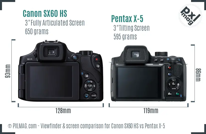 Canon SX60 HS vs Pentax X-5 Screen and Viewfinder comparison