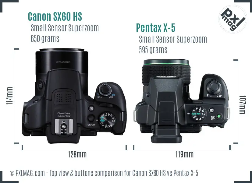 Canon SX60 HS vs Pentax X-5 top view buttons comparison