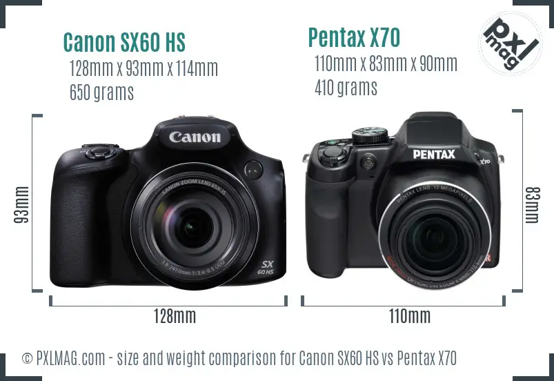 Canon SX60 HS vs Pentax X70 size comparison
