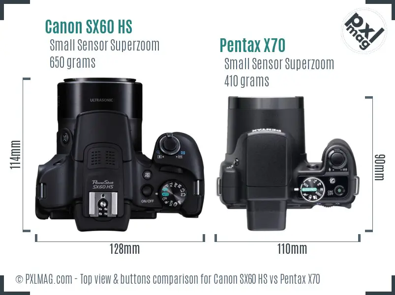 Canon SX60 HS vs Pentax X70 top view buttons comparison