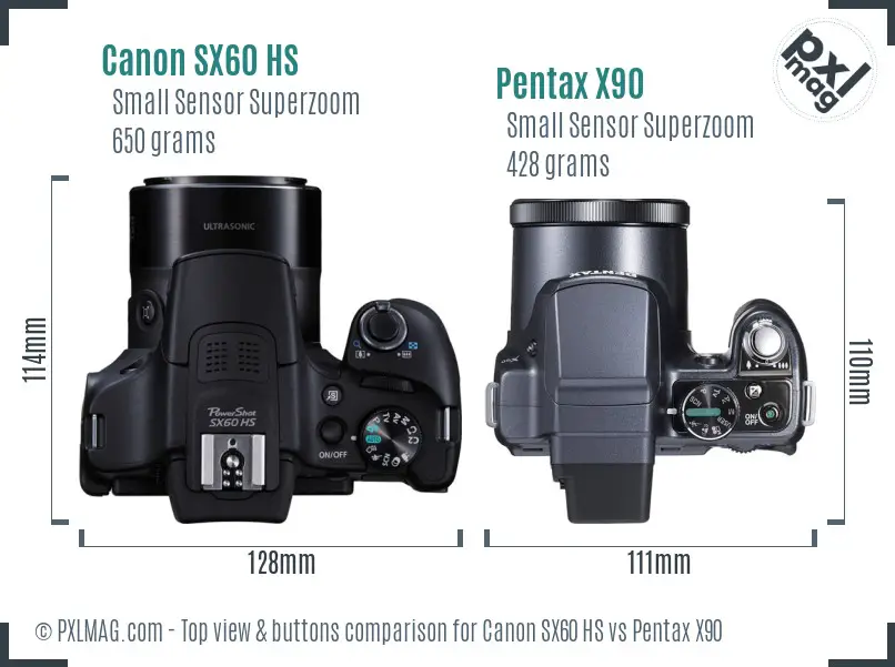 Canon SX60 HS vs Pentax X90 top view buttons comparison