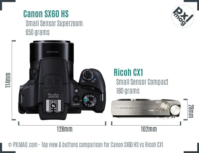 Canon SX60 HS vs Ricoh CX1 top view buttons comparison