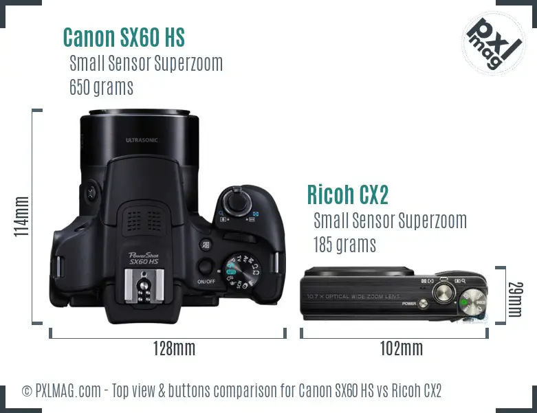 Canon SX60 HS vs Ricoh CX2 top view buttons comparison