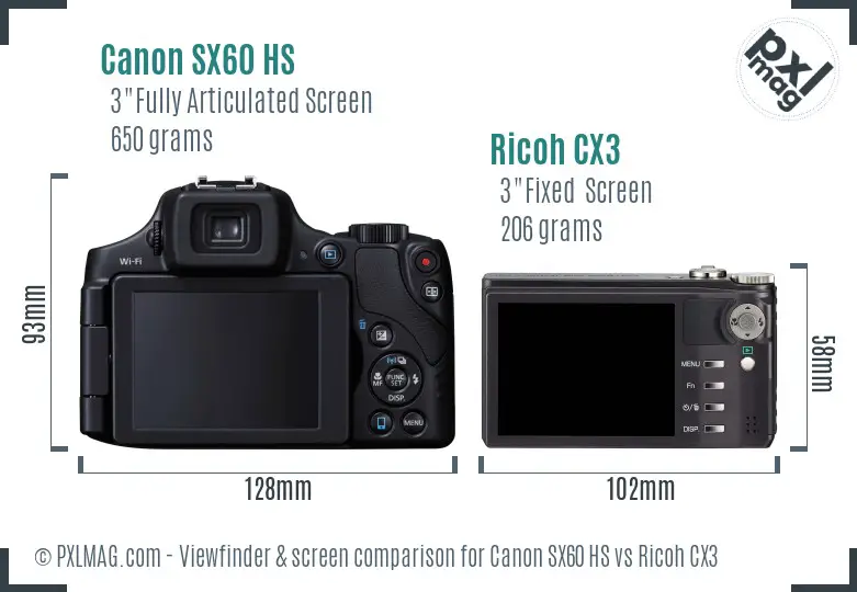 Canon SX60 HS vs Ricoh CX3 Screen and Viewfinder comparison