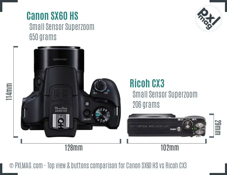 Canon SX60 HS vs Ricoh CX3 top view buttons comparison