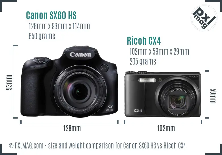 Canon SX60 HS vs Ricoh CX4 size comparison