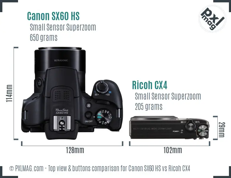 Canon SX60 HS vs Ricoh CX4 top view buttons comparison