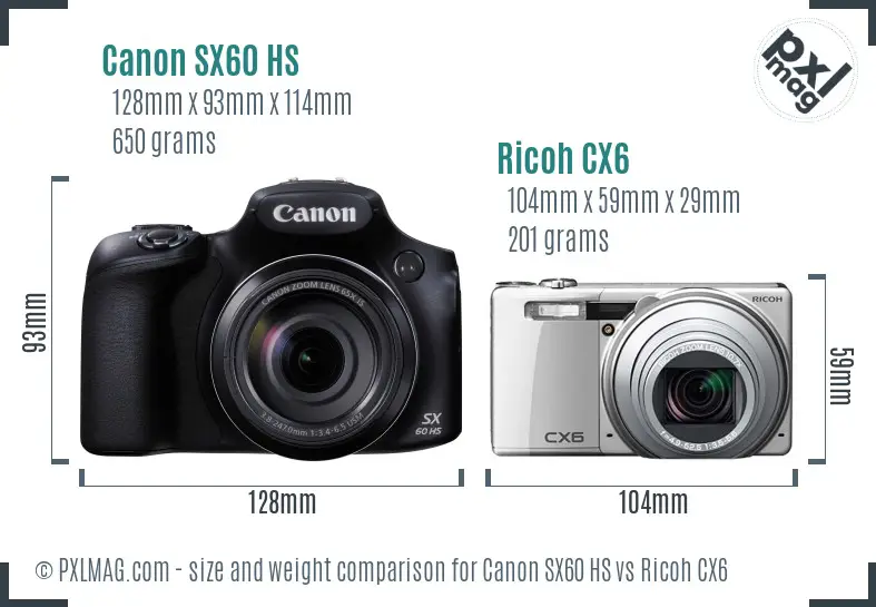 Canon SX60 HS vs Ricoh CX6 size comparison