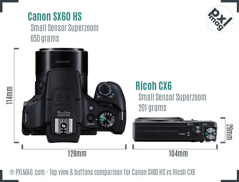 Canon SX60 HS vs Ricoh CX6 top view buttons comparison