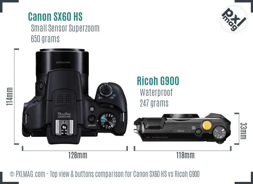 Canon SX60 HS vs Ricoh G900 top view buttons comparison