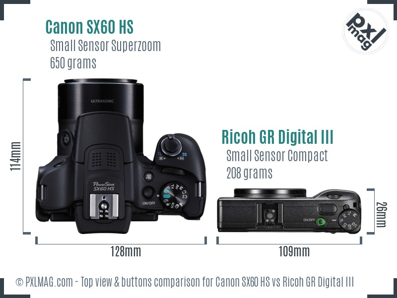 Canon SX60 HS vs Ricoh GR Digital III top view buttons comparison