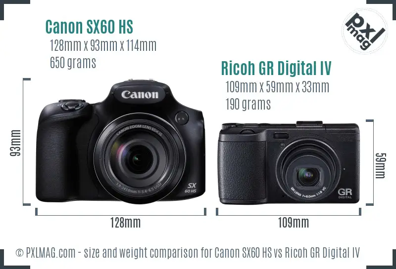 Canon SX60 HS vs Ricoh GR Digital IV size comparison