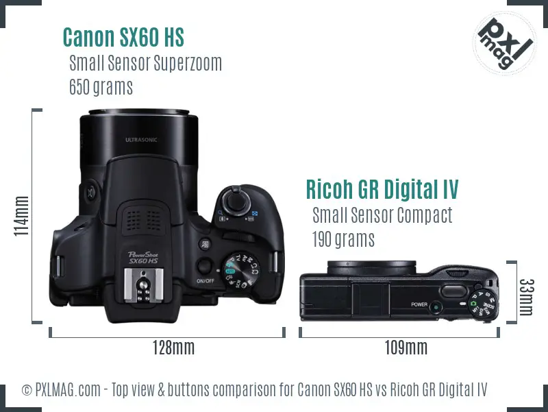 Canon SX60 HS vs Ricoh GR Digital IV top view buttons comparison