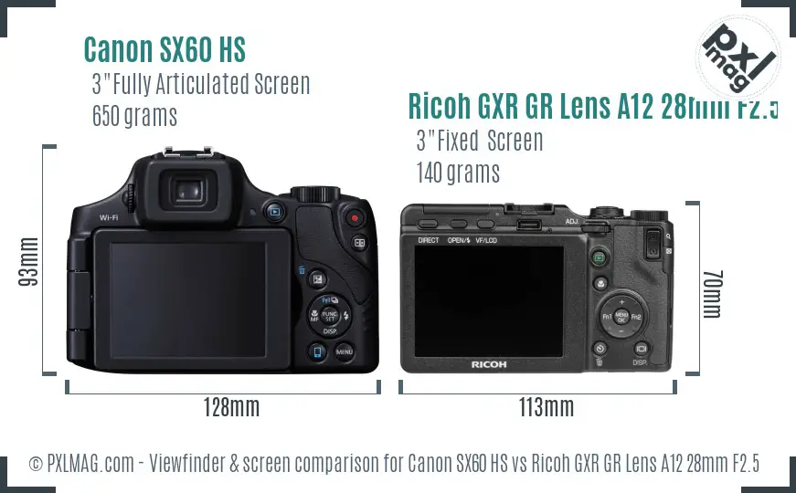 Canon SX60 HS vs Ricoh GXR GR Lens A12 28mm F2.5 Screen and Viewfinder comparison