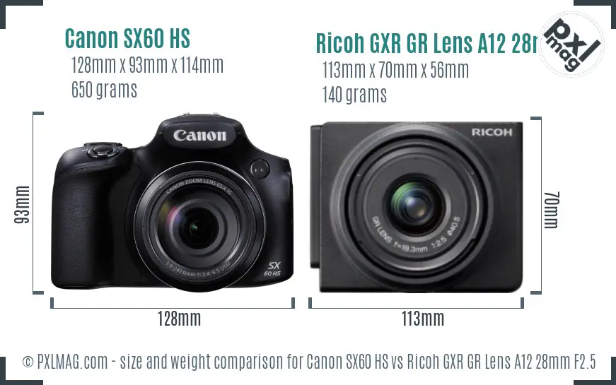 Canon SX60 HS vs Ricoh GXR GR Lens A12 28mm F2.5 size comparison