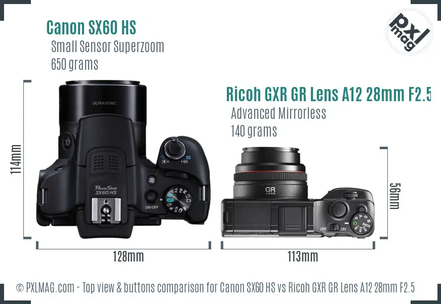 Canon SX60 HS vs Ricoh GXR GR Lens A12 28mm F2.5 top view buttons comparison