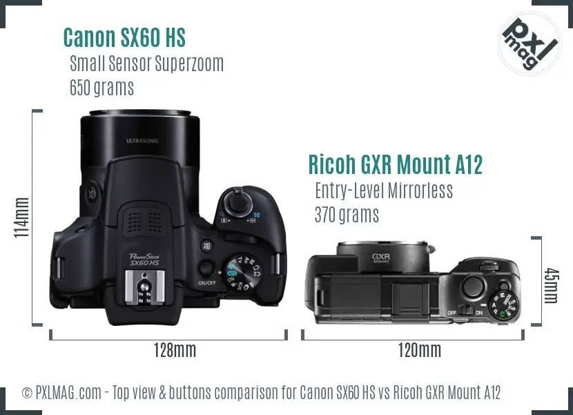 Canon SX60 HS vs Ricoh GXR Mount A12 top view buttons comparison Canon SX60 HS vs Ricoh GXR Mount A12 top view buttons comparison