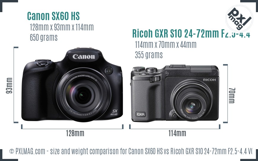 Canon SX60 HS vs Ricoh GXR S10 24-72mm F2.5-4.4 VC size comparison