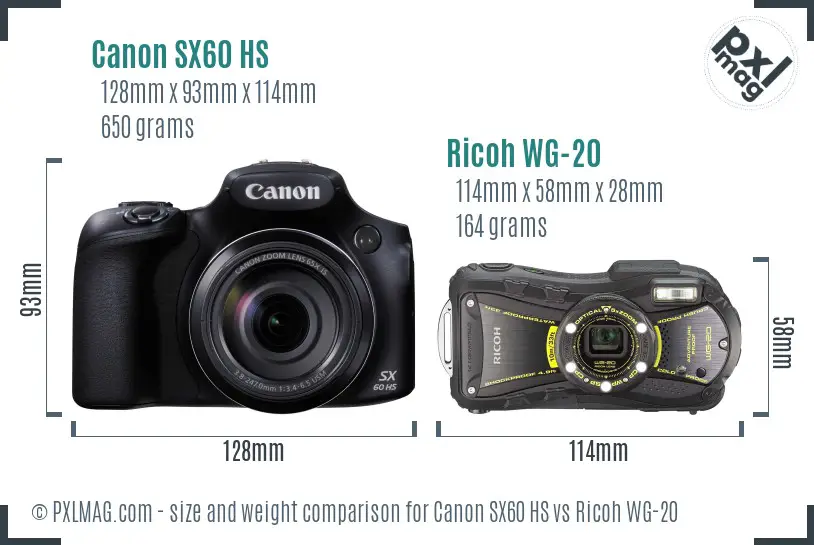 Canon SX60 HS vs Ricoh WG-20 size comparison