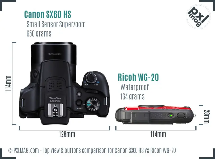 Canon SX60 HS vs Ricoh WG-20 top view buttons comparison