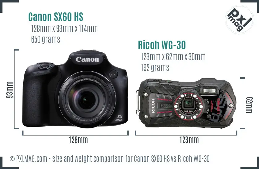 Canon SX60 HS vs Ricoh WG-30 size comparison