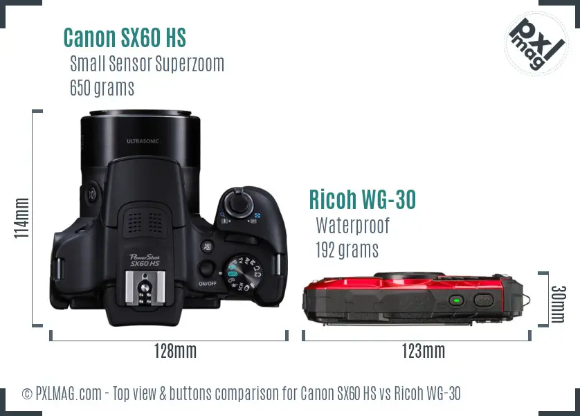 Canon SX60 HS vs Ricoh WG-30 top view buttons comparison