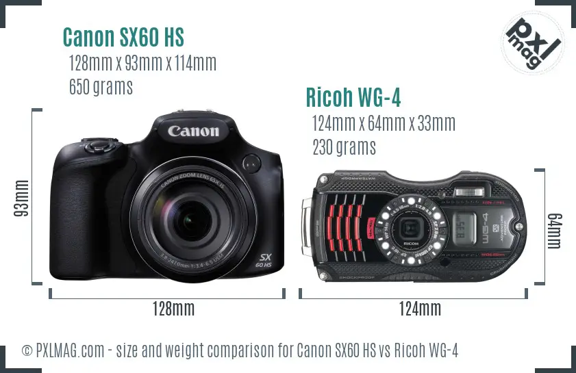 Canon SX60 HS vs Ricoh WG-4 size comparison