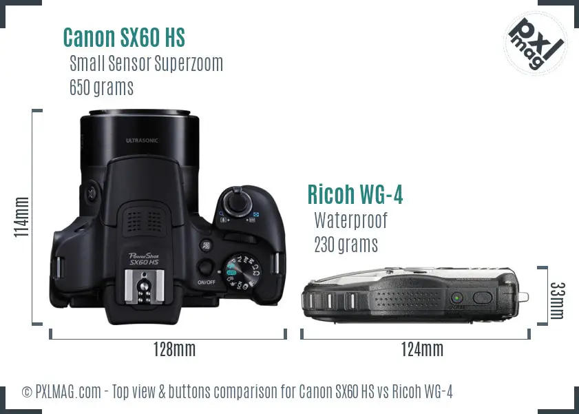 Canon SX60 HS vs Ricoh WG-4 top view buttons comparison