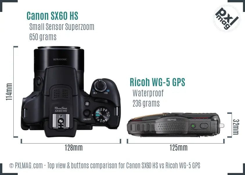 Canon SX60 HS vs Ricoh WG-5 GPS top view buttons comparison Canon SX60 HS vs Ricoh WG-5 GPS top view buttons comparison