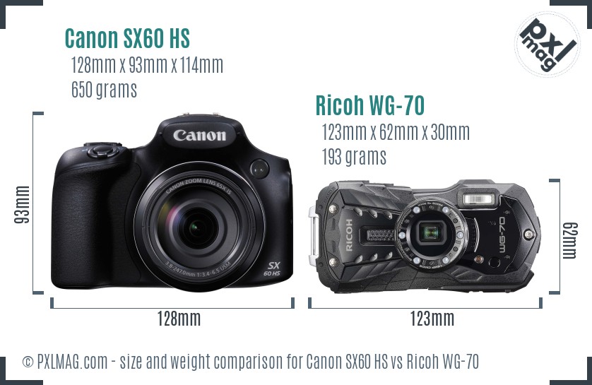 Canon SX60 HS vs Ricoh WG-70 size comparison
