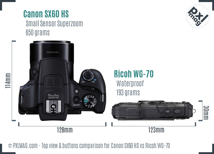 Canon SX60 HS vs Ricoh WG-70 top view buttons comparison