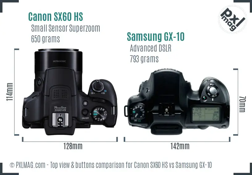 Canon SX60 HS vs Samsung GX-10 top view buttons comparison