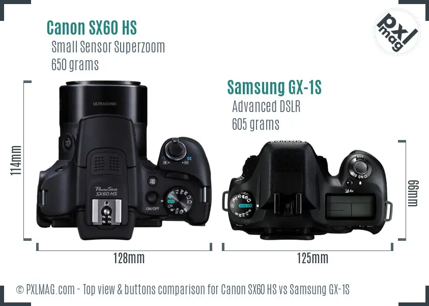 Canon SX60 HS vs Samsung GX-1S top view buttons comparison